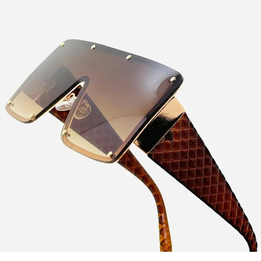 Women Sunglasses Square Big Shades studed Gold‎ Metal Shield Retro Vintage Style